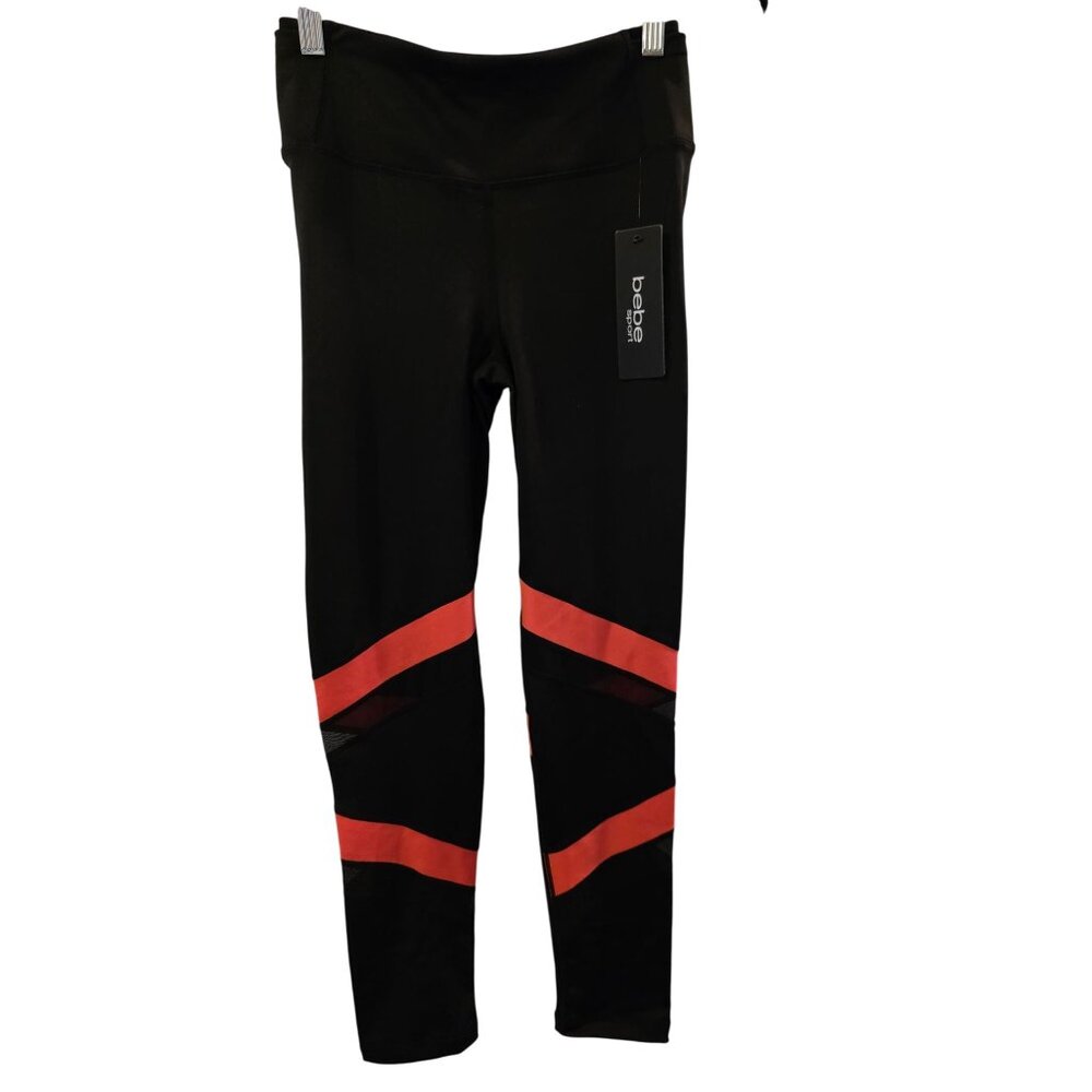 Bebe Activewear Leggings With Red Stripes & Mesh Accents